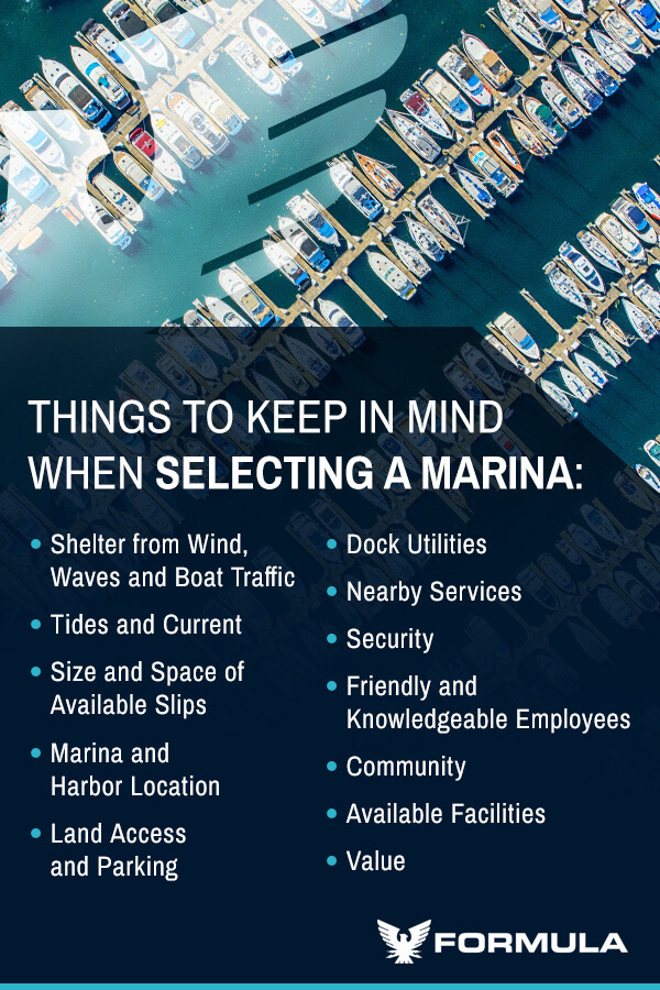 List of things to keep in mind when selecting a marina, and aerial shot of a marina.